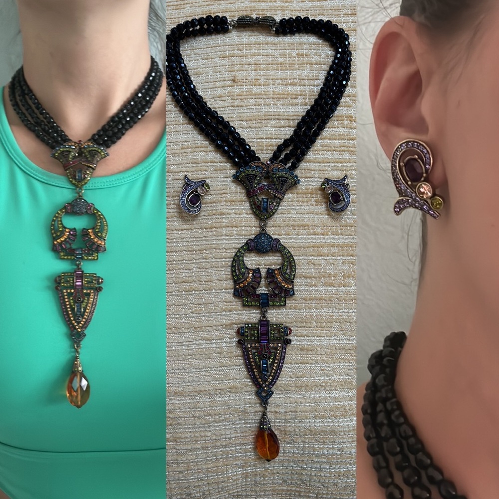 Heidi Daus art deco glass beaded Swarovski crystal lariat necklace & earrings